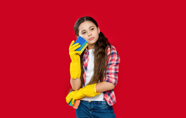 girl housecleaner do chores on background, housemaid. photo of girl housecleaner do chores
