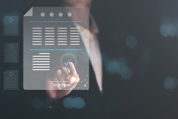 a man reviewing and managing business documents and agreements online,signing a business contract approval of contract documents confirmation or warranty certificate,employment idea, project review