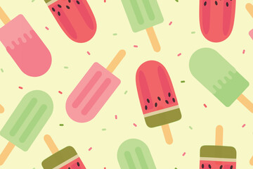 Seamless popsicle ice cream pattern. Vector illustration isolated on a yellow background