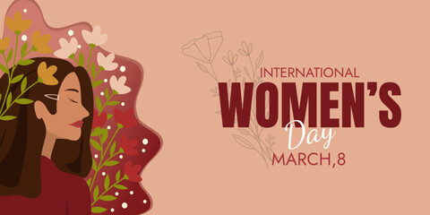 women's day campaign poster background design with vector illustration of brown hair woman with face decorated with flowers.