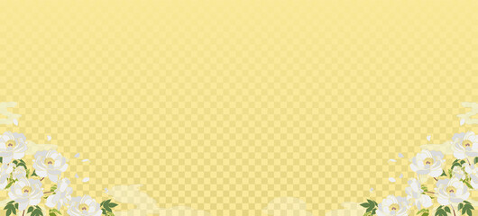 金色背景の白牡丹と和柄な雲模様の背景素材（両側）
