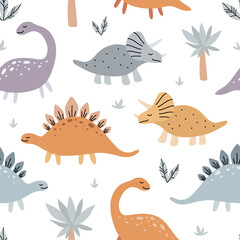 Cute dinosaurs and tropical plants. Funny cartoon dino seamless pattern. Hand drawn doodle design for kids. Vector background.