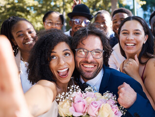 Friends, bride and groom with wedding selfie for outdoor ceremony celebration of happiness, love...
