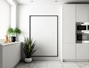 empty picture frame hanging on wall idea for mock up background, minimalism interior design kitchen  Generative Ai