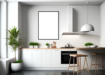 empty picture frame hanging on wall idea for mock up background, minimalism interior design kitchen  Generative Ai