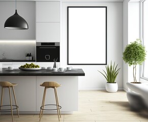 empty picture frame hanging on wall idea for mock up background, minimalism interior design kitchen Generative Ai