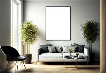 empty picture frame hanging on wall idea for mock up background, minimalism interior design living room Generative Ai