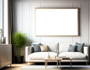 empty picture frame hanging on wall idea for mock up background, minimalism interior design living room Generative Ai