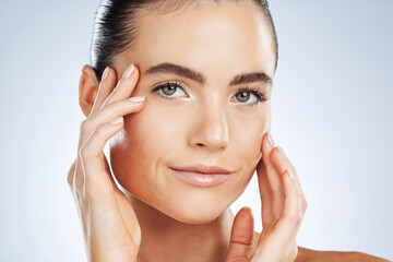 Beauty woman and face zoom for skincare portrait with hydration, self care and natural glow of...