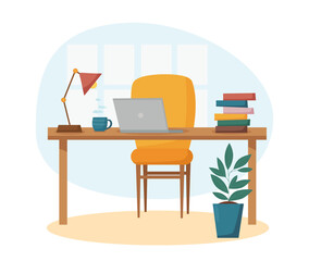 Place of work at home - chair, table, laptop, floor flower and books. Freelance concept.