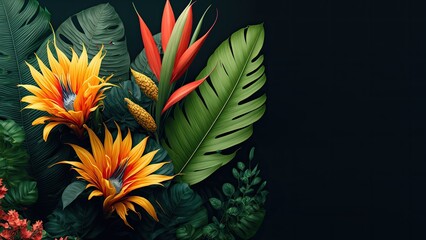 Fototapeta na wymiar Exotic tropical leaves and flowers background. Summer concept.