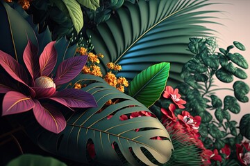 Exotic tropical leaves and flowers background. Summer concept. 