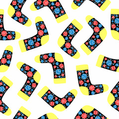 Socks isolated on white seamless background. Abstract pattern. Circles on black background. Doodle. Funny ornament. Print, textile, fabric, wrapping paper.