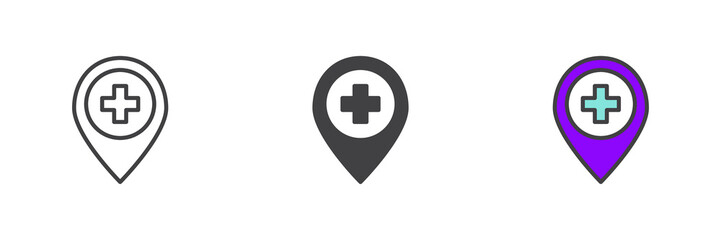 Hospital location pin different style icon set
