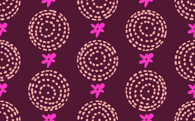 Trendy minimalistic vector pattern with hand drawn dots, flowers and circles.