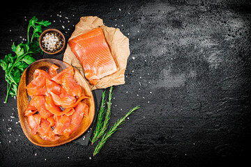 Salted salmon with rosemary, parsley and spices. 