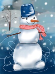 Wonderful children's illustration of a snowman. Winter blue snowman in digital. Pencil color funny drawing. Snowman on ice with environment, book illustration.