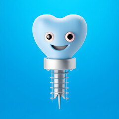 Cute smiling denture emoji character with big eyes on a blue background, generative ai