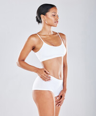 Obraz premium Body, woman profile and underwear with skin, fitness with health and wellness isolated on studio background. Diet, cellulite and exercise, healthy lifestyle mockup with weightloss and nutrition