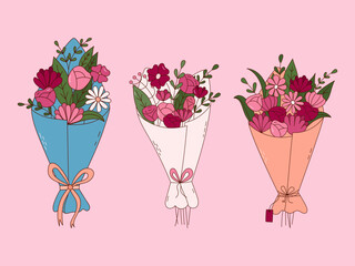 Hand drawn set of bouquets of flowers for Valentine day. Design elements for posters, greeting cards, banners and invitations.