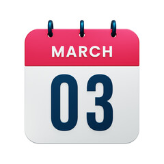 March Realistic Calendar Icon 3D Illustration Date March 03