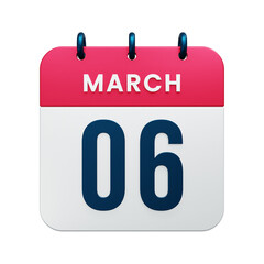 March Realistic Calendar Icon 3D Illustration Date March 06