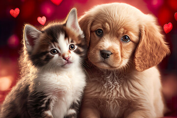 Cute kitten & puppy surrounded with hearts made by generative ai