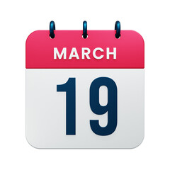 March Realistic Calendar Icon 3D Illustration Date March 19
