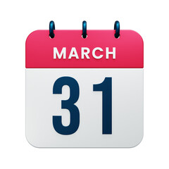 March Realistic Calendar Icon 3D Illustration Date March 31