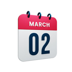 March Realistic Calendar Icon 3D Illustration Date March 02