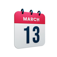 March Realistic Calendar Icon 3D Illustration Date March 13