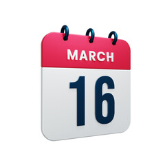 March Realistic Calendar Icon 3D Illustration Date March 16