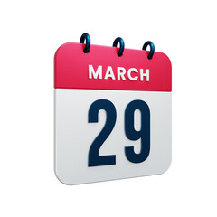 March Realistic Calendar Icon 3D Illustration Date March 29