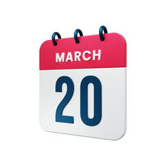 March Realistic Calendar Icon 3D Illustration Date March 20