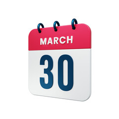 March Realistic Calendar Icon 3D Illustration Date March 30