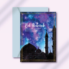 islamic mosque silhouette with beautiful sky greeting card template