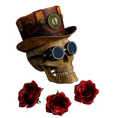 3d render steampunk skull and red roses