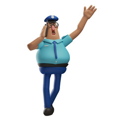  3D illustration. 3D Cartoon Image of a Police Officer on a Call. with a waving hand pose. with a cheerful expression. 3D Cartoon Character