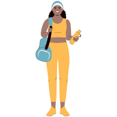 Young African American woman holding gym bag and bottle of water