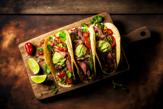 Mexican Tacos With Beef Salsa Avocado Sauce And Lime On Wooden Board