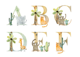Watercolor safari animals letters for invitation card, nursery poster and other. - obrazy, fototapety, plakaty