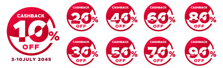 10%, 20%, 30%, 40%, 50%, 60%, 70%, 80%, 90% Cashback. Sale tags set vector badges template. Sale offer price sign. Special offer symbol. Discount promotion. Discount badges shape. Vector design