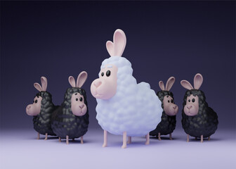 The white sheep are among the black sheep. Illustrations for media use in business 3D render.