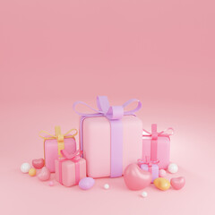 Gift boxes are arranged to look lovely on a pink background. 3D patterns.