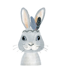 Hand drawn watercolor boho rabbit portrait.
