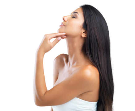 Side view of an attractive young woman with long hair  isolated on a PNG background.