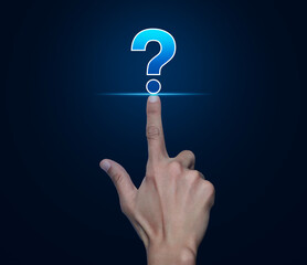 Hand pressing question mark sign icon over blue background, Business customer service and support concept