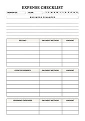 Minimalist planner pages templates Expense Checklist