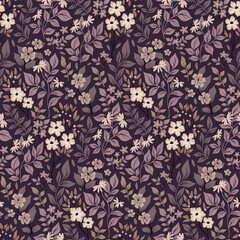 Seamless floral pattern, beautiful flower print with cute ornate garden. Pretty ditsy background design with hand drawn wild plants: small flowers, leaves, branches in dark purple colors. Vector.
