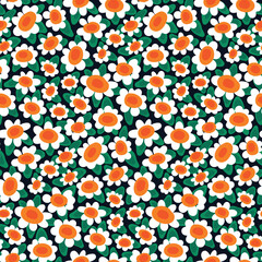 Seamless floral pattern, cute retro style flower print with hand drawn daisies. Pretty ditsy design with small white flowers, leaves in a liberty arrangement on a green background. Vector illustration